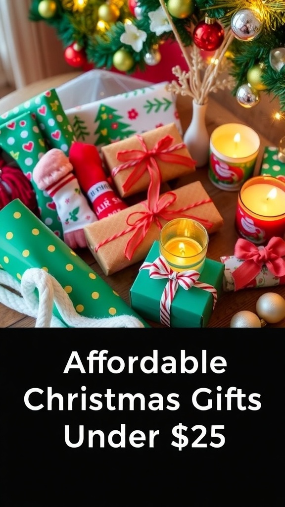 Affordable Christmas Gift Ideas Under $25 A collection of Christmas gifts under $25, including candles, socks, and ornaments, arranged on a festive table.